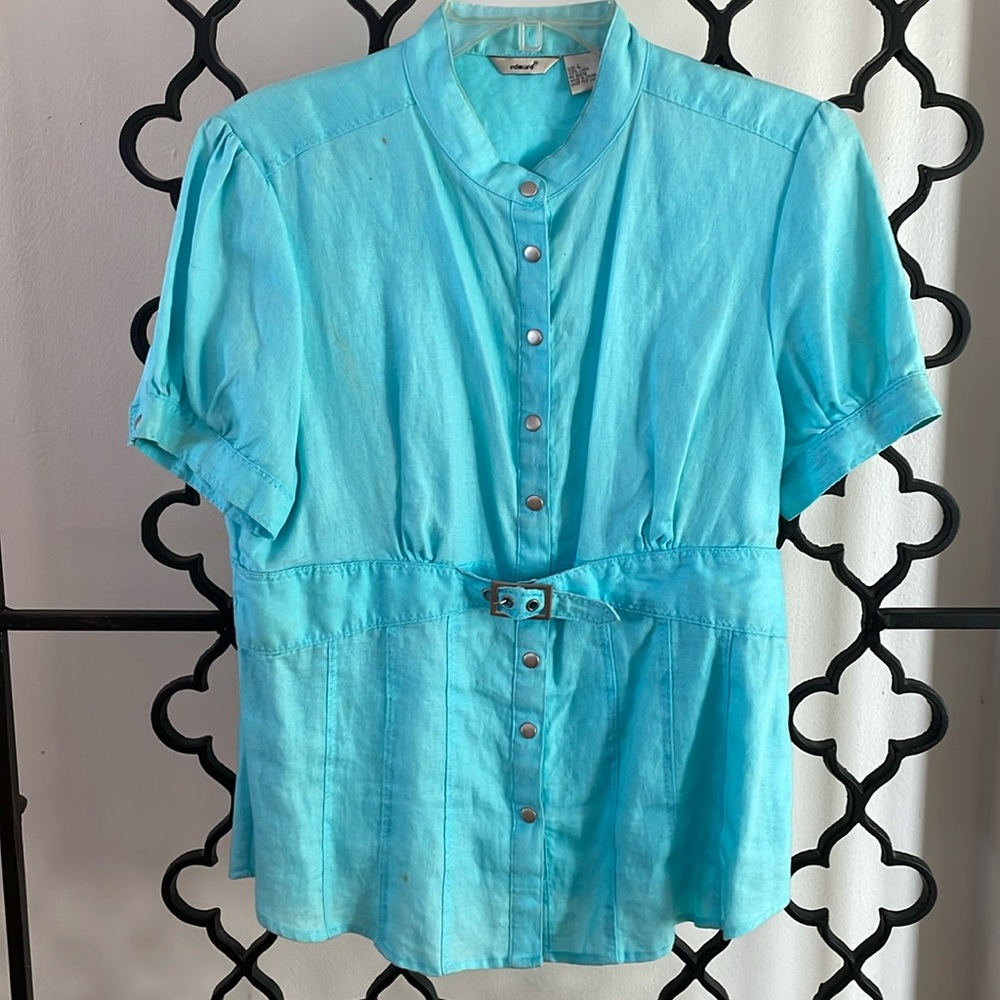 Turquoise Linen Short Sleeve Fitted Shirt
